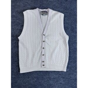 Vintage Ivy Crew White Cable-Knit Ramie Cotton Sweater Vest Button V-Neck Size L